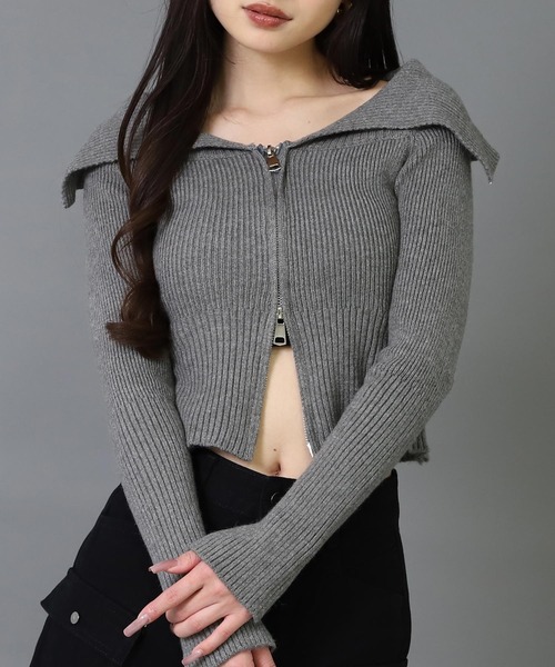 ANAP（アナップ）の「ダブルジップ オフショル リブ ニット トップス（その他トップス・レディース・オフホワイト/ダークグレー/ブラック・F）」の2枚目の写真