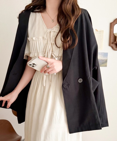 mily bilet(ミウィビレット)の「【mily bilet】1枚で華やぐ♪揺れ感シアーフリルリボンプリーツロングワンピース(ワンピース・レディース・ブラウン/ブルー/ブラック/アイボリー・LARGE/MEDIUM/SMALL/X-LARGE)」の15枚目の写真