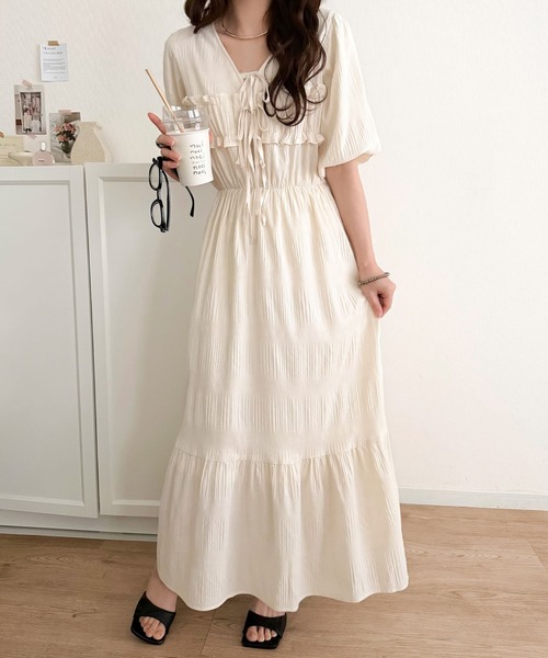 mily bilet(ミウィビレット)の「【mily bilet】1枚で華やぐ♪揺れ感シアーフリルリボンプリーツロングワンピース(ワンピース・レディース・ブラウン/ブルー/ブラック/アイボリー・LARGE/MEDIUM/SMALL/X-LARGE)」の10枚目の写真