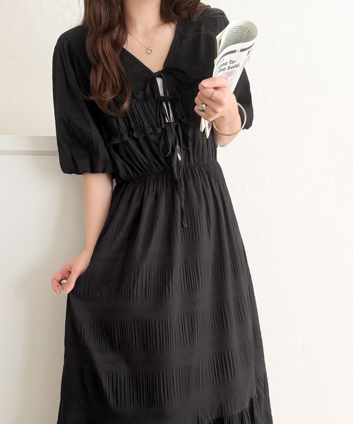 mily bilet(ミウィビレット)の「【mily bilet】1枚で華やぐ♪揺れ感シアーフリルリボンプリーツロングワンピース(ワンピース・レディース・ブラウン/ブルー/ブラック/アイボリー・LARGE/MEDIUM/SMALL/X-LARGE)」の21枚目の写真