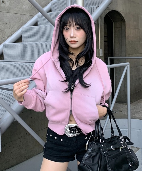 セール】【裏起毛】スプレー加工 ショート丈 ダブルジップパーカー