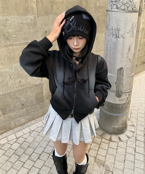 セール】【裏起毛】スプレー加工ショート丈ダブルZIPパーカー