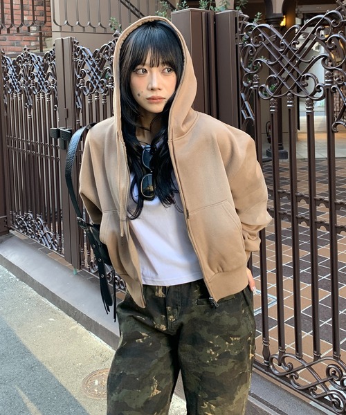 セール】【裏起毛】スプレー加工 ショート丈 ダブルジップパーカー