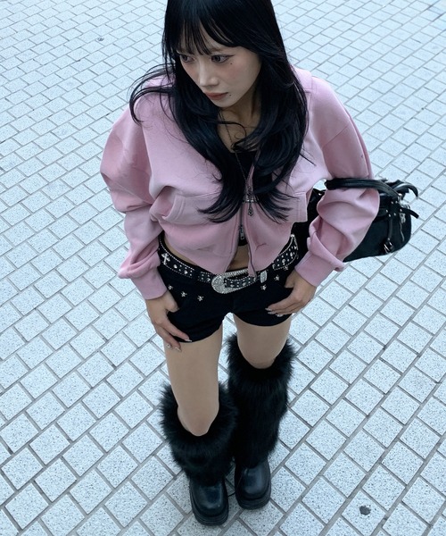 lilful（リルフル）の「スプレー加工 ショート丈 ダブルジップパーカー（パーカー・レディース・ピンク/ブラック/ベージュ/グレー・F）」の7枚目の写真