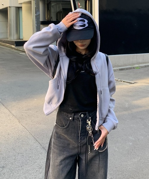 lilful（リルフル）の「スプレー加工 ショート丈 ダブルジップパーカー（パーカー・レディース・ピンク/ブラック/ベージュ/グレー・F）」の21枚目の写真