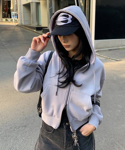 セール】【裏起毛】スプレー加工ショート丈ダブルZIPパーカー