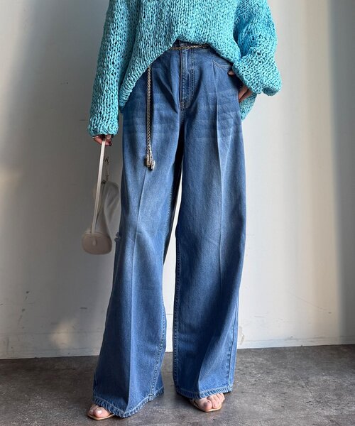 DouDou(ドゥドゥ)の「ダメージワイドデニム(デニムパンツ・レディース・ブルー/ブルー系その他・38/36)」の2枚目の写真