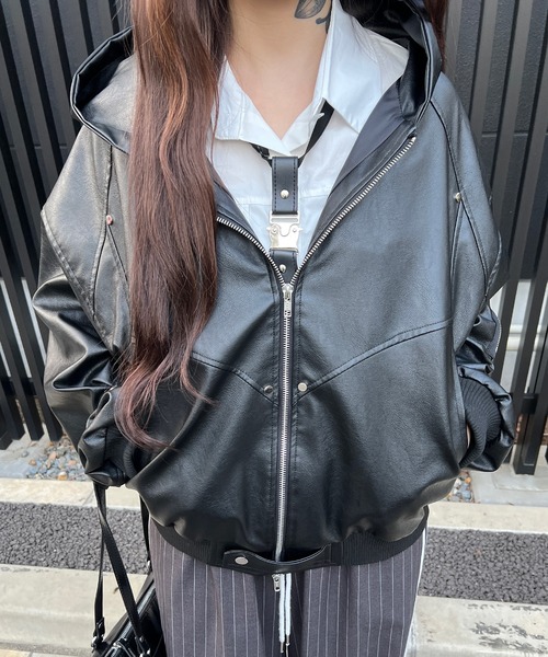 Figments（フィグメンツ）の「合皮フーデッドブルゾン（ブルゾン・レディース・ブラック・X-LARGE/LARGE）」の12枚目の写真