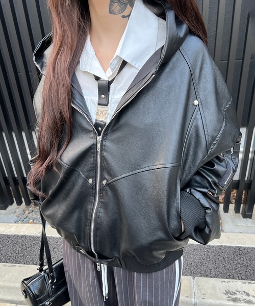 Figments（フィグメンツ）の「合皮フーデッドブルゾン（ブルゾン・レディース・ブラック・X-LARGE/LARGE）」の14枚目の写真