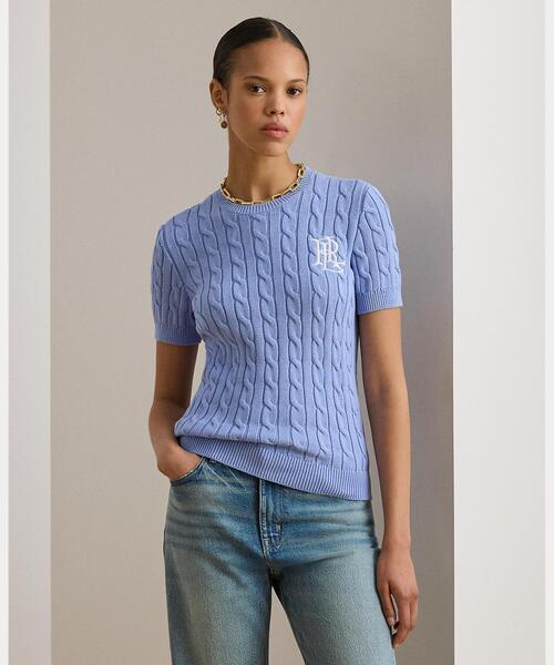 LAUREN RALPH LAUREN(ローレン ラルフ ローレン)の「ケーブルニット コットン ショートスリーブ セーター(ニット/セーター・レディース・ブルー・L/M/S/XXS/XS)」の1枚目の写真