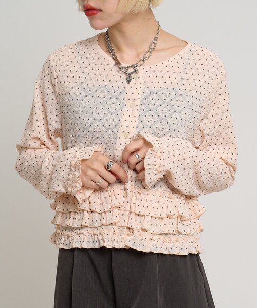 w closet(ダブルクローゼット)の「ドットレースフリルカーディガン(Tシャツ/カットソー・レディース・ピンク/ブラック/アイボリー・FREE)」の1枚目の写真