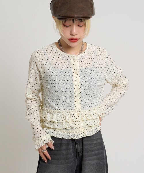 w closet(ダブルクローゼット)の「ドットレースフリルカーディガン(Tシャツ/カットソー・レディース・ピンク/ブラック/アイボリー・FREE)」の2枚目の写真