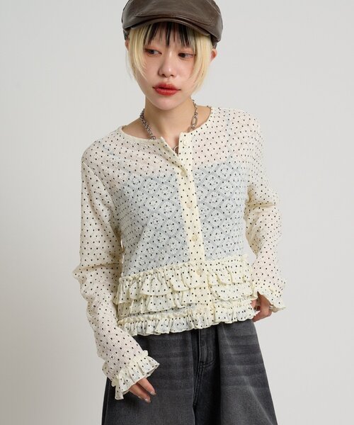 w closet(ダブルクローゼット)の「ドットレースフリルカーディガン(Tシャツ/カットソー・レディース・ピンク/ブラック/アイボリー・FREE)」の4枚目の写真