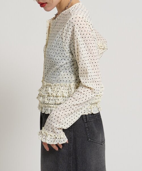 w closet(ダブルクローゼット)の「ドットレースフリルカーディガン(Tシャツ/カットソー・レディース・ピンク/ブラック/アイボリー・FREE)」の5枚目の写真