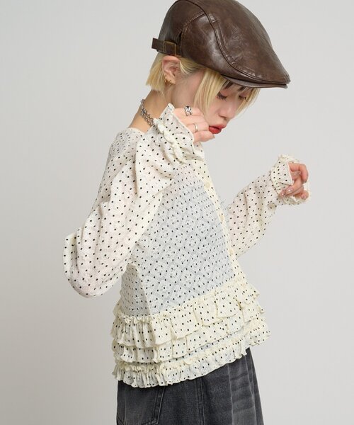 w closet(ダブルクローゼット)の「ドットレースフリルカーディガン(Tシャツ/カットソー・レディース・ピンク/ブラック/アイボリー・FREE)」の7枚目の写真