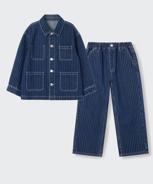 MUSINSA STANDARD KIDS（ムシンサスタンダードキッズ）の「ストライプデニムチョアジャケット＆ワイドデニムパンツセットアップ[ミディアムインディゴ]（セットアップ・レディース・その他・110/120/140/150/160/130）」の3枚目の写真