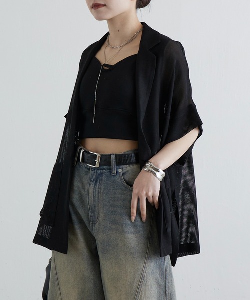 Lui's（ルイス）の「メッシュ半袖スリットジャケット（テーラードジャケット・レディース・ブラック/オフホワイト/チャコールグレー・FREE）」の13枚目の写真