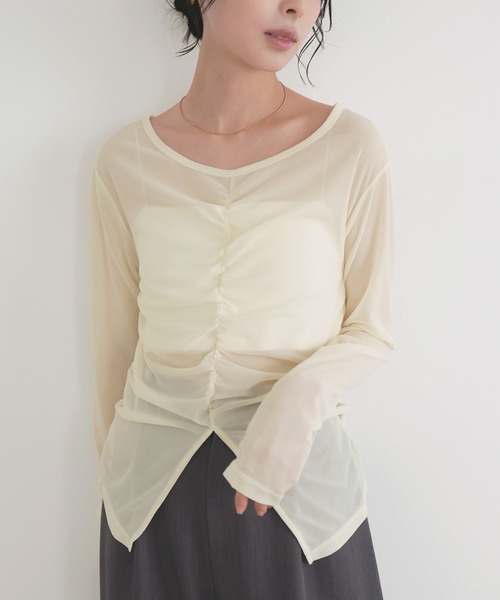 LIAN(リアン)の「シャーリングギャザーシアートップス(Tシャツ/カットソー・レディース・イエロー/ブラウン/ブラック/グレイッシュベージュ・FREE)」の15枚目の写真