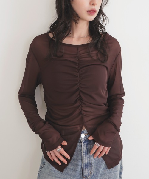 LIAN(リアン)の「シャーリングギャザーシアートップス(Tシャツ/カットソー・レディース・イエロー/ブラウン/ブラック/グレイッシュベージュ・FREE)」の20枚目の写真