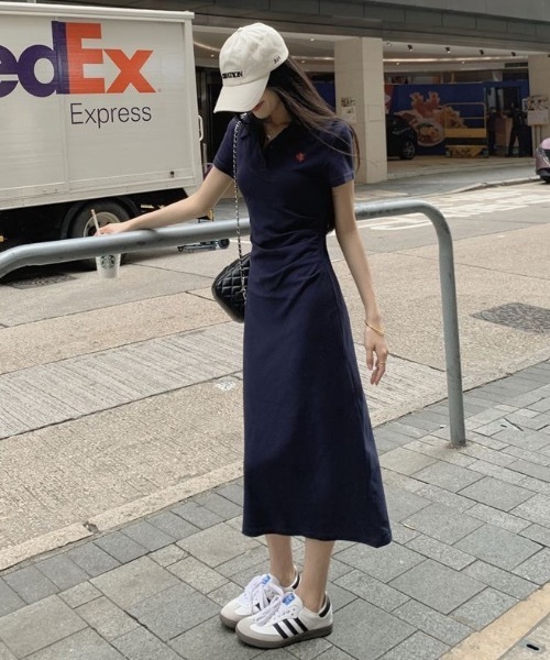 Teem Store(チームストア)の「【丈選べる】サイドギャザー刺繍ワンポイントポロワンピース(ワンピース・レディース・ネイビー系/ネイビー/グレー系その他/グレー・L/M)」の7枚目の写真