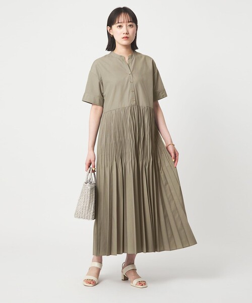 グリーンレーベルリラクシング　ワッシャー プリーツ ショートスリーブ ワンピース size SHORT/TALLあり］ワッシャー プリーツ ショートスリーブ