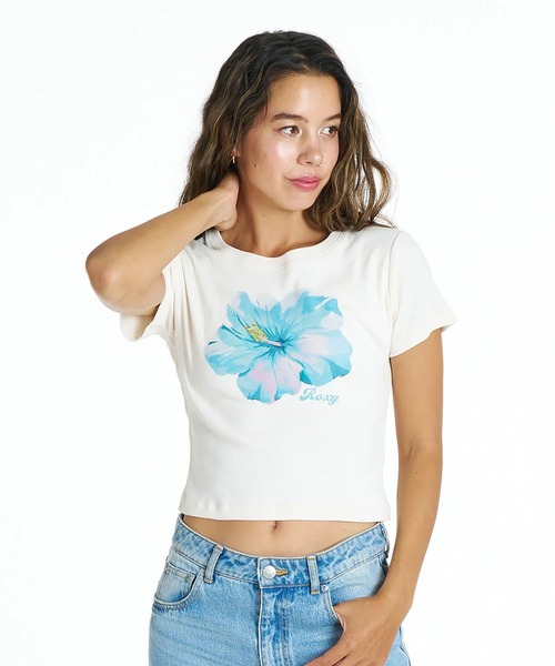 ROXY(ロキシー)の「ROXY/ロキシー 半袖 Tシャツ 花 ハイビスカス ショート丈 ENCOUNTER RST262032(Tシャツ/カットソー・レディース・オレンジ/ホワイト系その他/ホワイト・M/L)」の3枚目の写真