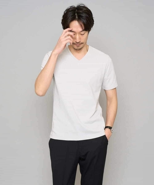 a.v.v（アーヴェヴェ）の「【イージーケア/洗濯機で洗える】キカジャカードＶネックスマートＴシャツ（Tシャツ/カットソー・メンズ・ホワイト/ライトグレー/ネイビー・46/50/48）」の15枚目の写真