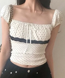 ドット柄レースデザインオフショルダーTシャツ