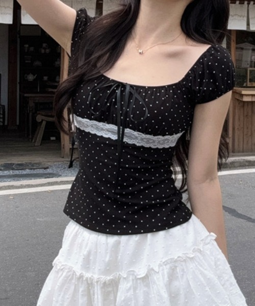 Teem Store（チームストア）の「ドット柄レースデザインオフショルダーTシャツ（Tシャツ/カットソー・レディース・ブラック/ホワイト/グレー・M/S）」の17枚目の写真