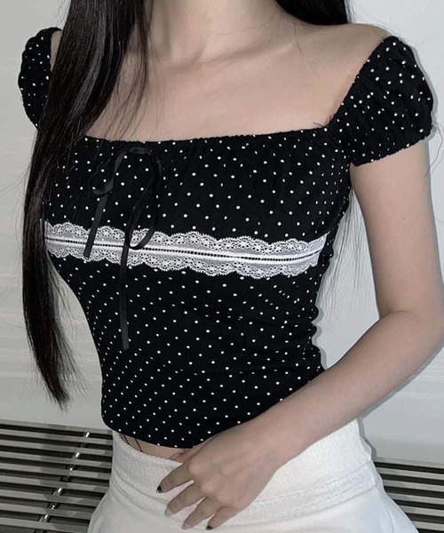 Teem Store（チームストア）の「ドット柄レースデザインオフショルダーTシャツ（Tシャツ/カットソー・レディース・ブラック/ホワイト/グレー・M/S）」の13枚目の写真