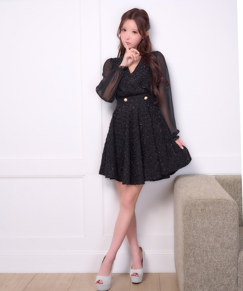 Tika(ティカ)の「キャバドレス ミディアム フレア 長袖 シフォン ツイード ラメ Vネック ミニ ドレス ワンピース キャバワンピ(ドレス・レディース・ホワイト/ブラック・L/M/S)」の4枚目の写真