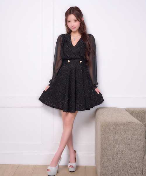 Tika(ティカ)の「キャバドレス ミディアム フレア 長袖 シフォン ツイード ラメ Vネック ミニ ドレス ワンピース キャバワンピ(ドレス・レディース・ホワイト/ブラック・L/M/S)」の5枚目の写真