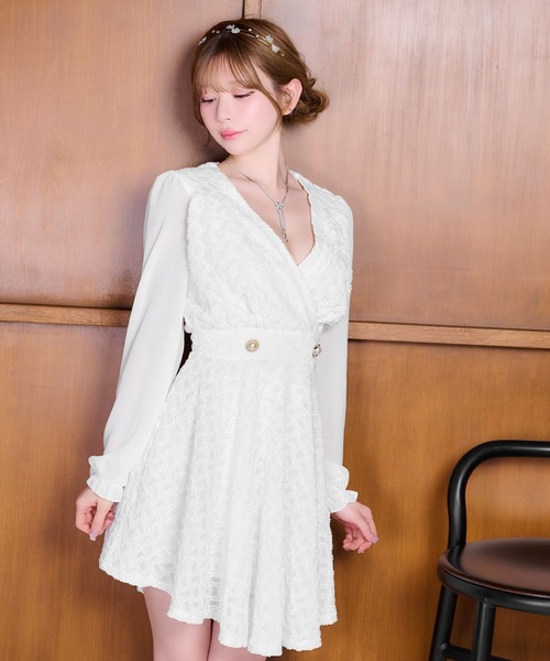 Tika(ティカ)の「キャバドレス ミディアム フレア 長袖 シフォン ツイード ラメ Vネック ミニ ドレス ワンピース キャバワンピ(ドレス・レディース・ホワイト/ブラック・L/M/S)」の11枚目の写真