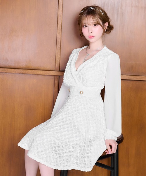 Tika(ティカ)の「キャバドレス ミディアム フレア 長袖 シフォン ツイード ラメ Vネック ミニ ドレス ワンピース キャバワンピ(ドレス・レディース・ホワイト/ブラック・L/M/S)」の15枚目の写真