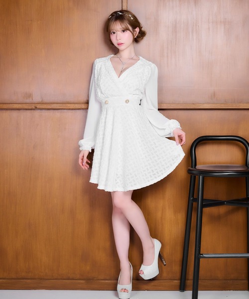 Tika(ティカ)の「キャバドレス ミディアム フレア 長袖 シフォン ツイード ラメ Vネック ミニ ドレス ワンピース キャバワンピ(ドレス・レディース・ホワイト/ブラック・L/M/S)」の16枚目の写真