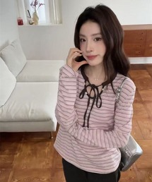 ストライプレースアップ長袖Tシャツ