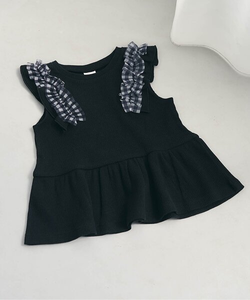 apres les cours(アプレレクール)の「【WEB限定】ワッフルフリルチュールトップス(Tシャツ/カットソー・キッズ・ブラック/アイボリー/サックスブルー/ローズ/オレンジ・80/90/100/110/120/130/140)」の3枚目の写真