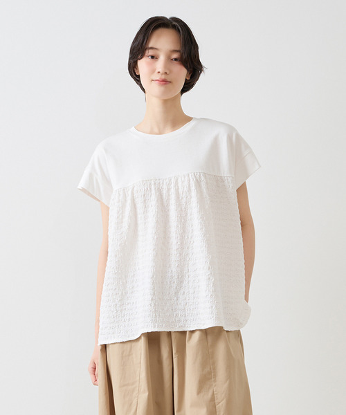 MELROSE claire(メルローズ クレール)の「【天竺切り替えふくれ地柄プルオーバー】(Tシャツ/カットソー・レディース・オフホワイト/ブルー/チャコールグレー・FREE)」の2枚目の写真