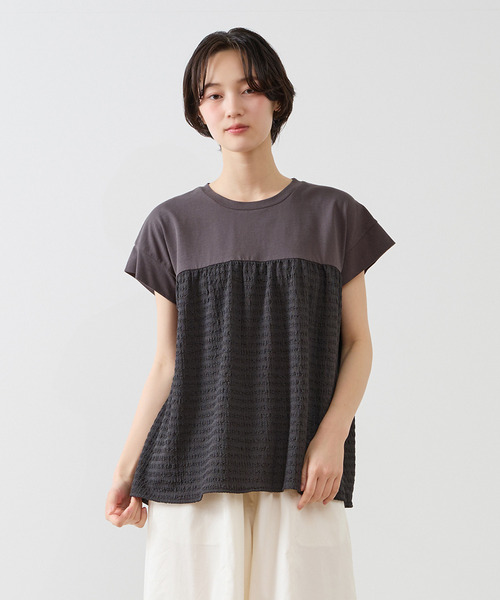 MELROSE claire(メルローズ クレール)の「【天竺切り替えふくれ地柄プルオーバー】(Tシャツ/カットソー・レディース・オフホワイト/ブルー/チャコールグレー・FREE)」の3枚目の写真