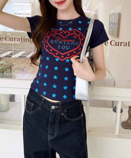 Ada.(エイダ)の「星柄 フロント ロゴ プリント コンパクト Tシャツ(Tシャツ/カットソー・レディース・ブラック/イエロー/ネイビー・FREE)」の12枚目の写真