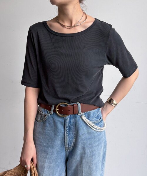 DouDou(ドゥドゥ)の「【滑らかな風合い】フィブリブTEE(Tシャツ/カットソー・レディース・オフホワイト/ブラック/グレイッシュベージュ・FREE)」の20枚目の写真