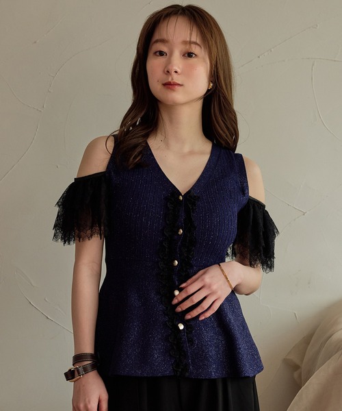 セール】lace design glitter peplum knit / レースデザイングリッター