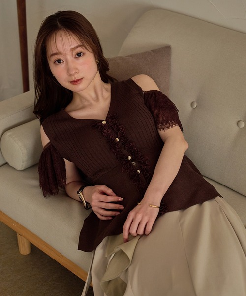 mideal（マイディール）の「lace design glitter peplum knit / レースデザイングリッターペプラムニット（ニット/セーター・レディース・ネイビー/ブラウン・FREE）」の18枚目の写真