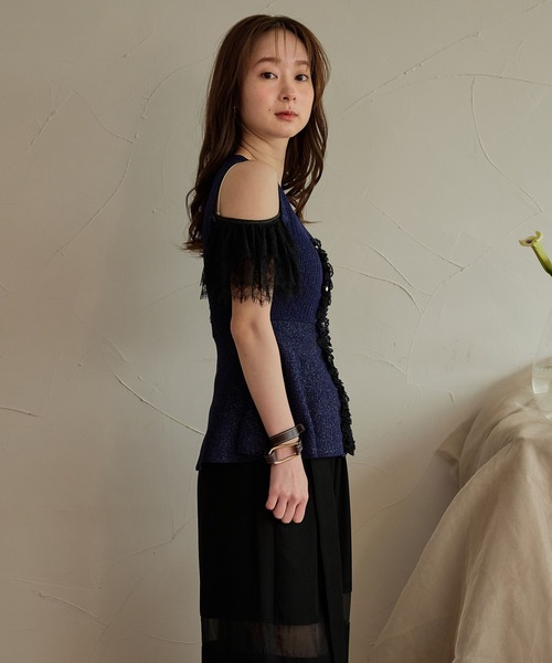 mideal（マイディール）の「lace design glitter peplum knit / レースデザイングリッターペプラムニット（ニット/セーター・レディース・ネイビー/ブラウン・FREE）」の22枚目の写真