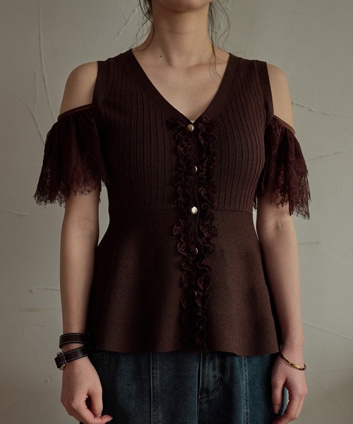 mideal（マイディール）の「lace design glitter peplum knit / レースデザイングリッターペプラムニット（ニット/セーター・レディース・ネイビー/ブラウン・FREE）」の5枚目の写真