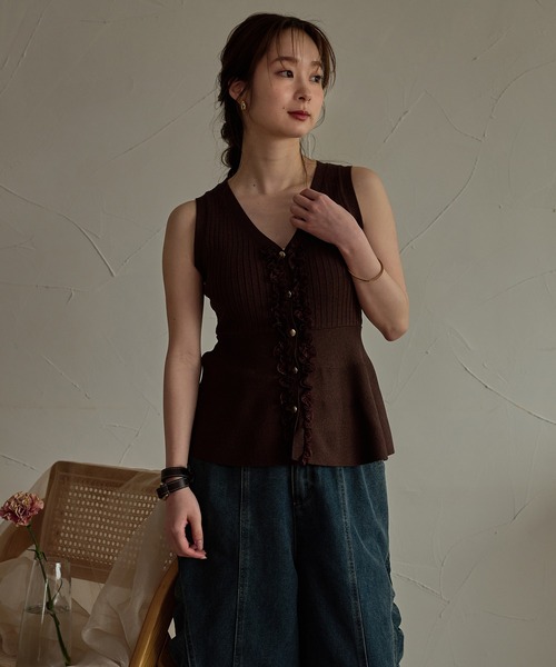 mideal（マイディール）の「lace design glitter peplum knit / レースデザイングリッターペプラムニット（ニット/セーター・レディース・ネイビー/ブラウン・FREE）」の7枚目の写真