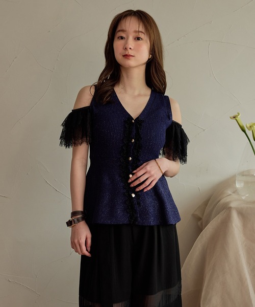 mideal（マイディール）の「lace design glitter peplum knit / レースデザイングリッターペプラムニット（ニット/セーター・レディース・ネイビー/ブラウン・FREE）」の21枚目の写真