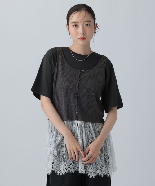 LEPSIM(レプシィム)の「変形テレコレースドッキングノースリーブ 1057217(Tシャツ/カットソー・レディース・グレー/ブラック/チャコールグレー・FREE)」の1枚目の写真