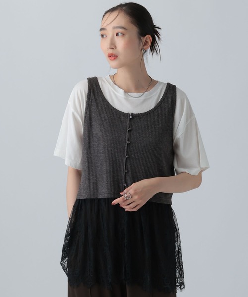 LEPSIM(レプシィム)の「変形テレコレースドッキングノースリーブ 1057217(Tシャツ/カットソー・レディース・グレー/ブラック/チャコールグレー・FREE)」の3枚目の写真