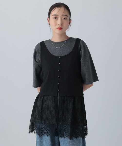 LEPSIM(レプシィム)の「変形テレコレースドッキングノースリーブ 1057217(Tシャツ/カットソー・レディース・グレー/ブラック/チャコールグレー・FREE)」の2枚目の写真